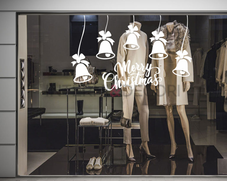 Adesivo per vetrine Natale "MERRY CHRISTMAS WITH BELLS" - Vetrofania