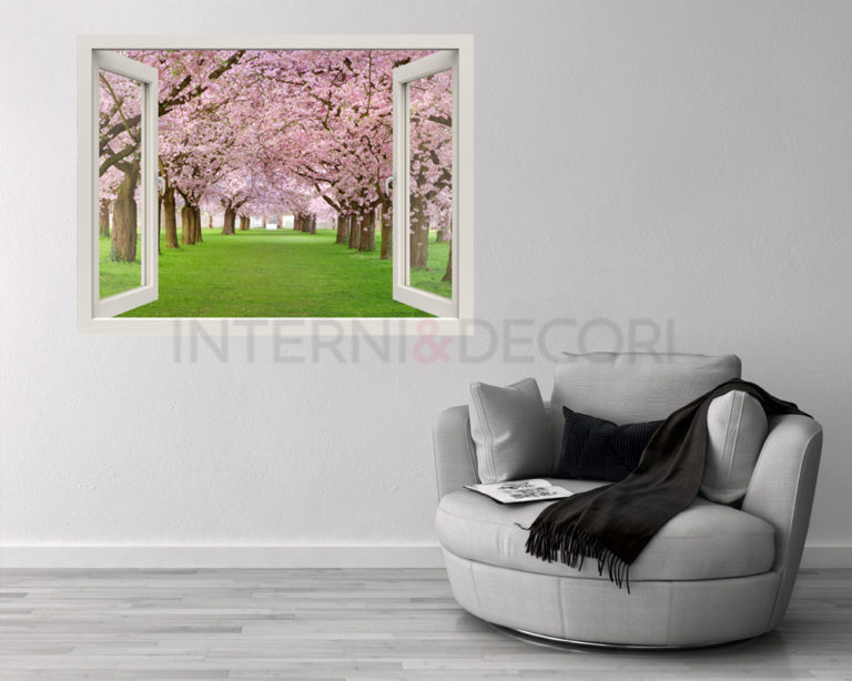 Adesivo murale finestra "CAMMINANDO TRA I CILIEGI" - Finestra illusione