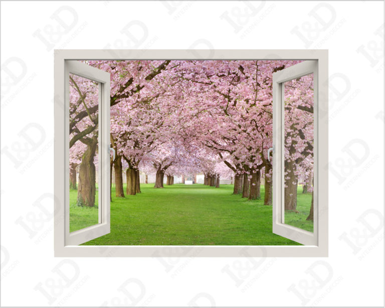 Adesivo murale finestra "CAMMINANDO TRA I CILIEGI" - Finestra illusione