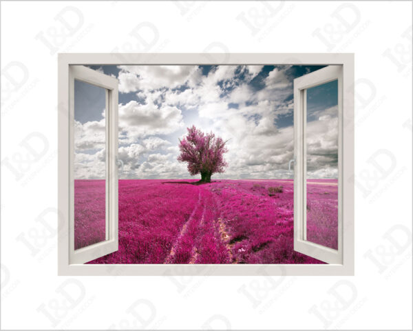 Adesivo murale finestra "NUVOLE SUL CAMPO DI LAVANDA" - Finestra illusione