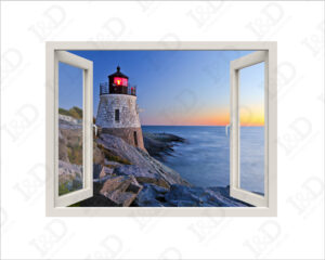 Vista sul faro al tramonto-finestra illusione