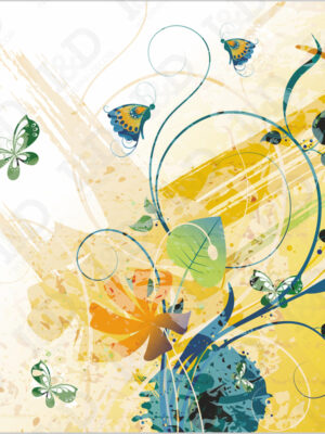 Farfalle tra decori e foglie-stampa su tela