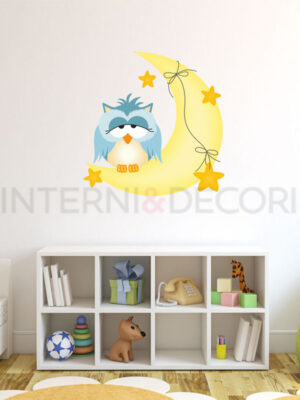 Adesivo da parete gufi "GUFETTO AZZURRO SU LUNA" - Adesivo murale