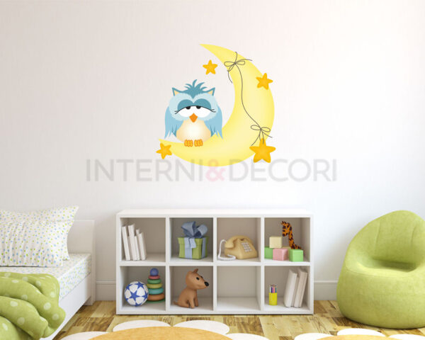 Adesivo da parete gufi "GUFETTO AZZURRO SU LUNA" - Adesivo murale