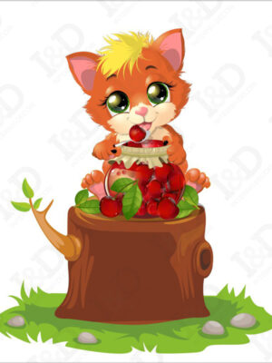 Gattino che mangia ciliegie-adesivo murale