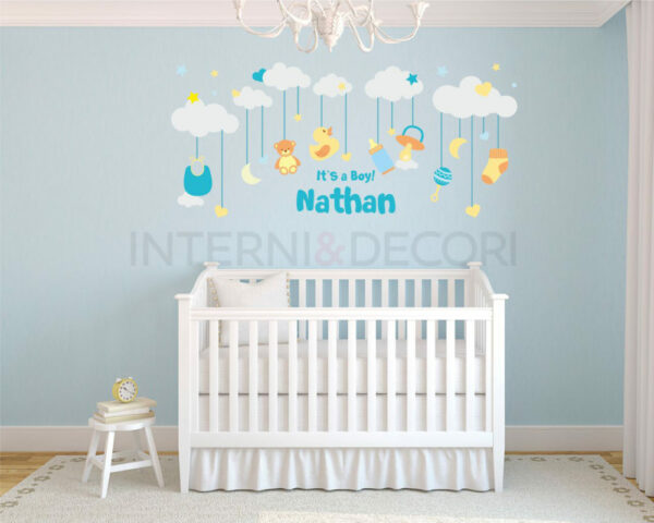 Adesivo nascita bimbo "NUVOLE E NINNOLI" - Adesivo murale con nome