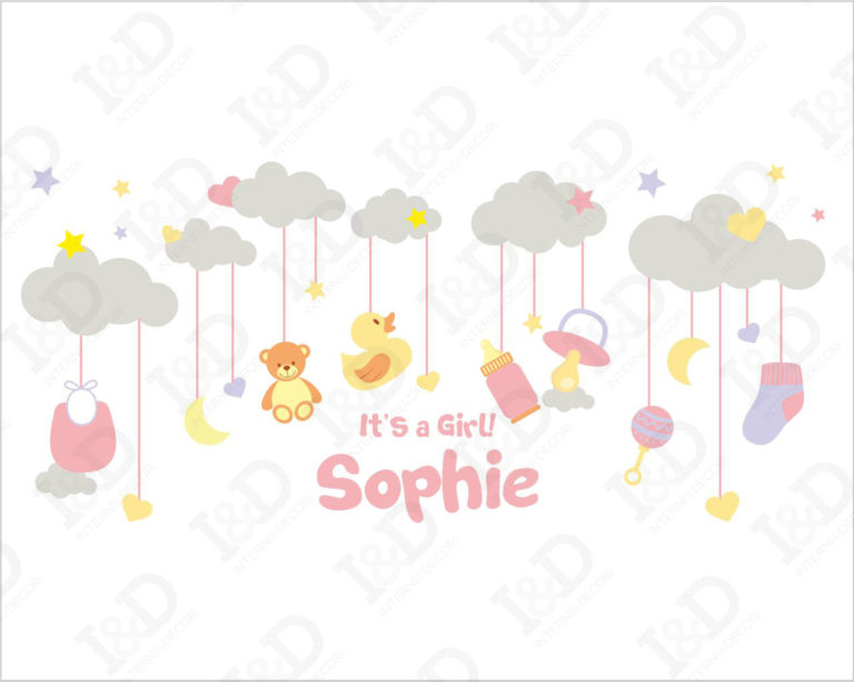 Adesivo nascita bimba "TRA STELLE E NUVOLE" - Adesivo murale con nome