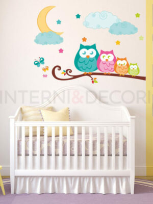 Adesivo da parete gufi "TUTTI SUL RAMO DI NOTTE"