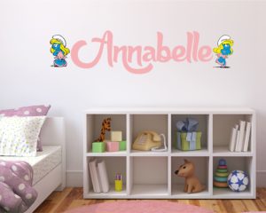 Adesivo murale con nome-Due tenere puffette-adesivo da parete puffi