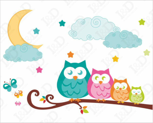 Adesivo da parete gufi "TUTTI SUL RAMO DI NOTTE"