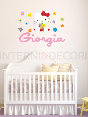 Adesivo da parete bimba "HELLO KITTY TRA FIORI" - Adesivo murale con nome