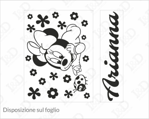 Adesivo da parete bimba "MINNIE CON COCCINELLA E FIORI" - Adesivo murale con nome