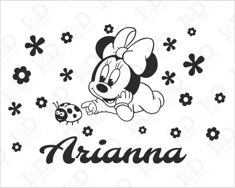 Adesivo da parete bimba "MINNIE CON COCCINELLA E FIORI" - Adesivo murale con nome