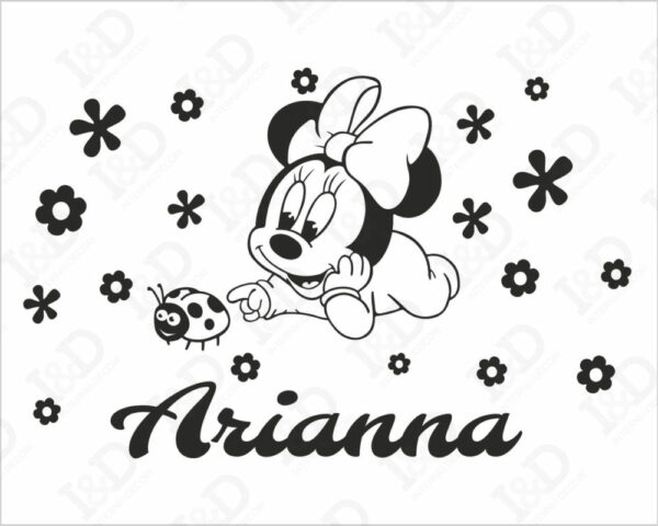 Adesivo da parete bimba "MINNIE CON COCCINELLA E FIORI" - Adesivo murale con nome