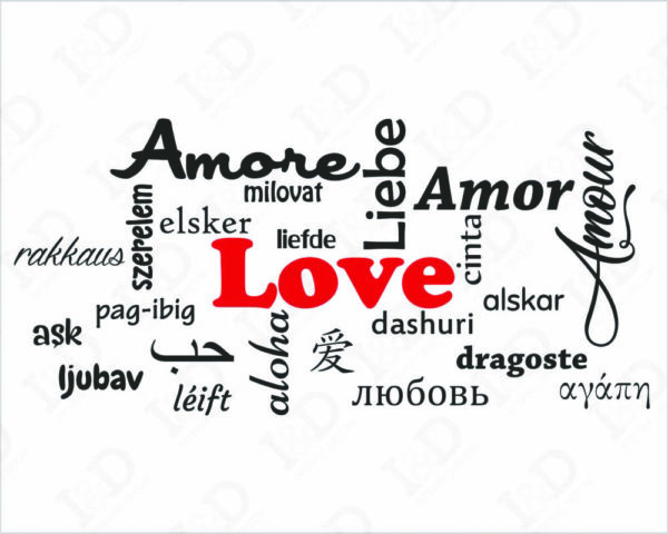 Adesivo da parete con scritte "AMORE IN VARIE LINGUE" - Adesivo murale