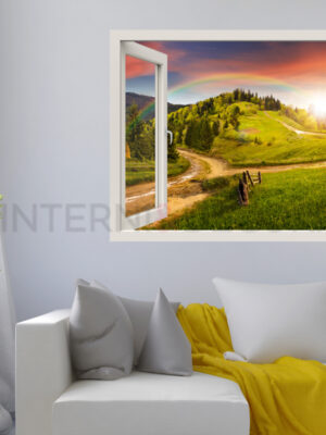 Adesivo murale finestra "PAESAGGIO CON ARCOBALENO" - Finestra illusione