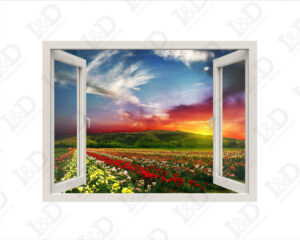 Finestra illusione-tramonto sul roseto-adesivo murale finestra