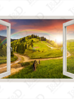 Finestra adesiva 3d-paesaggio con arcobaleno-adesivo murale finestra
