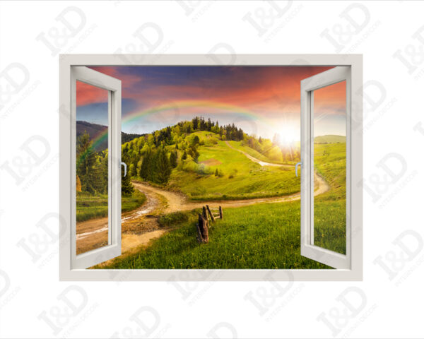 Adesivo murale finestra "PAESAGGIO CON ARCOBALENO" - Finestra illusione