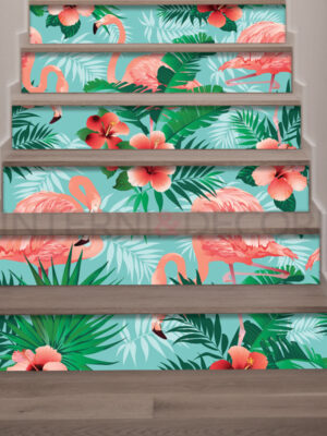 Adesivi per scale "FIORI E FENICOTTERI ROSA"