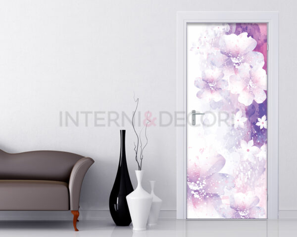Decorazione adesiva porte "FIORI BIANCHI SU SFONDO VIOLA"