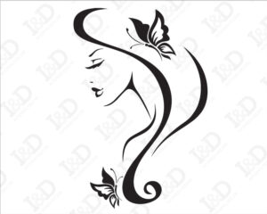 Adesivo murale donna-farfalle tra i capelli