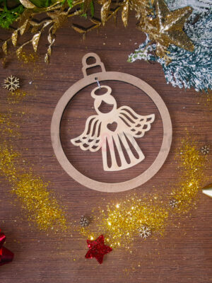 Pallina di Natale in legno e mdf "ANGELO CON CUORE" - Decorazioni laser legno