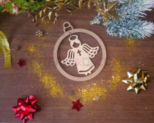 Pallina di Natale in legno e mdf "ANGELO CON CROCE" - Decorazioni laser legno