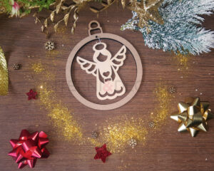 Pallina di Natale in legno e mdf "ANGELO CON DONO" - Decorazioni laser legno