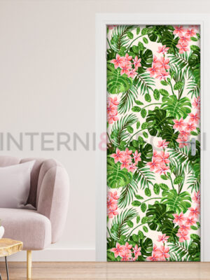 Adesivo per porte natura "FOGLIE TROPICALI E FIORI ROSA"