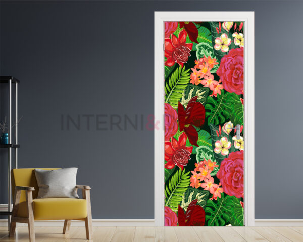 Decorazione adesiva per porte "FIORI ROSSI E FOGLIE"