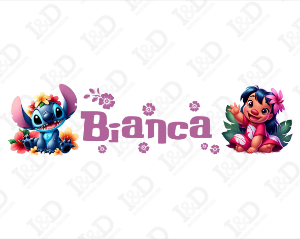 Adesivo murale con nome "STITCH E LILO TRA FIORI"