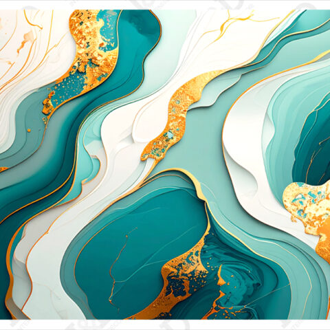 Quadro moderno astratto verde acqua e oro-onde di luce