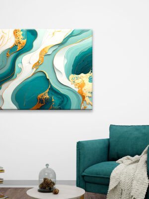 Stampa su tela astratta verde acqua e oro "ONDE DI LUCE"