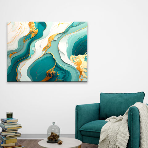 Stampa su tela astratta verde acqua e oro "ONDE DI LUCE"