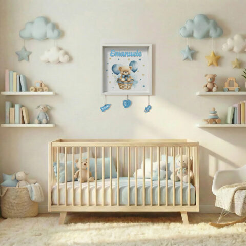 Quadretto nascita personalizzato con nome – ORSETTO CON PALLONCINI