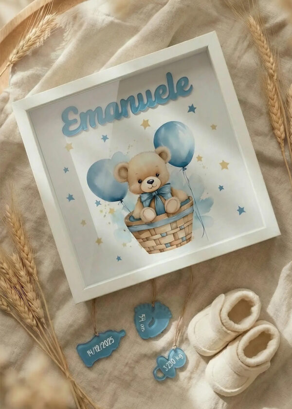 "ORSETTO CON PALLONCINI" - Quadretto nascita personalizzato con nome