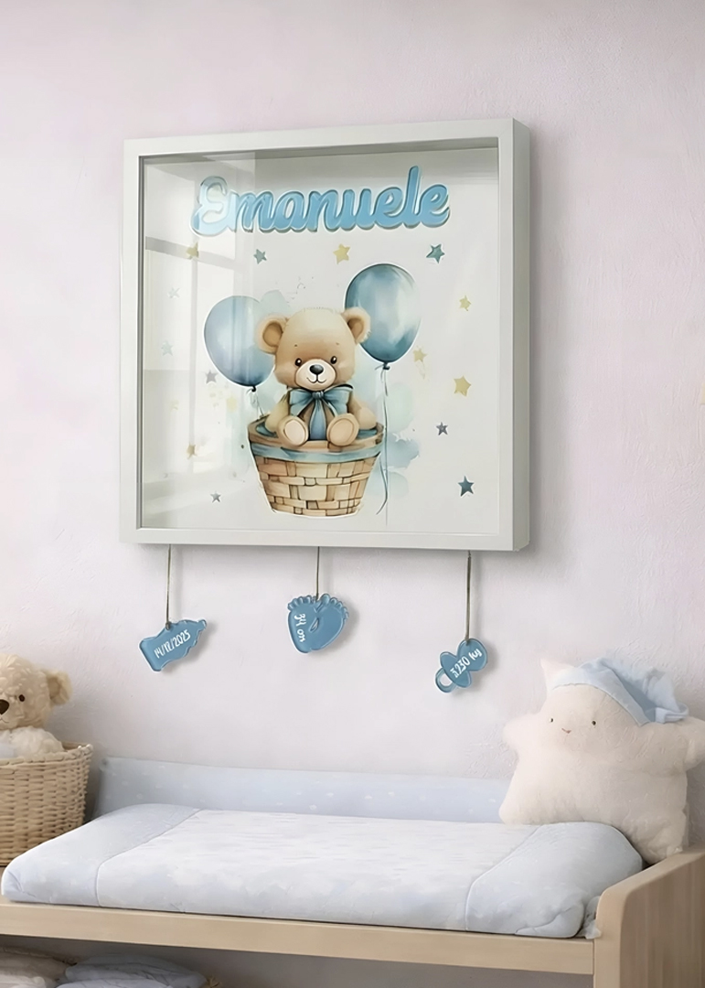 “ORSETTO CON PALLONCINI” – Quadretto nascita personalizzato con nome