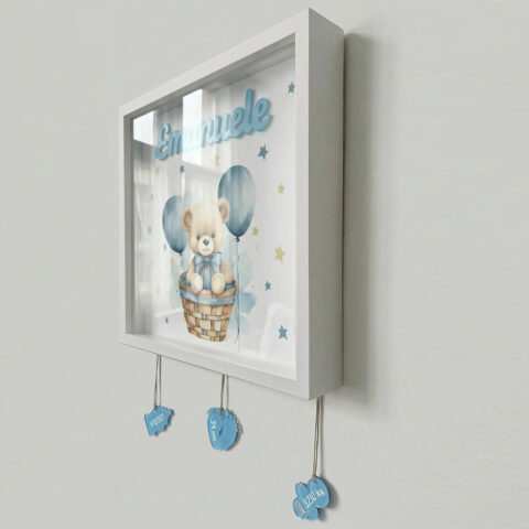 Quadretto nascita personalizzato con nome-orsetto con palloncini-vista laterale
