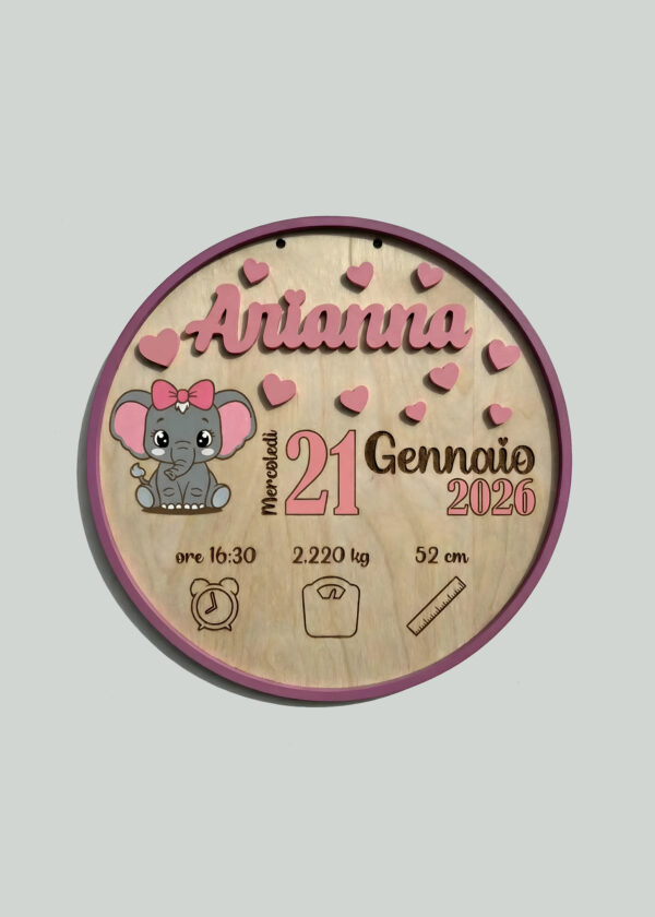 "BABY ELEFANTINO” - Targa nascita in legno personalizzata con nome
