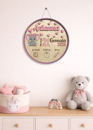 "BABY ELEFANTINO” - Targa nascita in legno personalizzata con nome