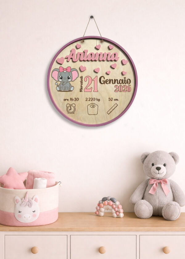 "BABY ELEFANTINO” - Targa nascita in legno personalizzata con nome