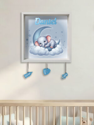 Quadretto nascita personalizzato con nome – ELEFANTINO SU LUNA