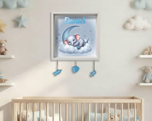 Quadretto nascita personalizzato con nome – ELEFANTINO SU LUNA