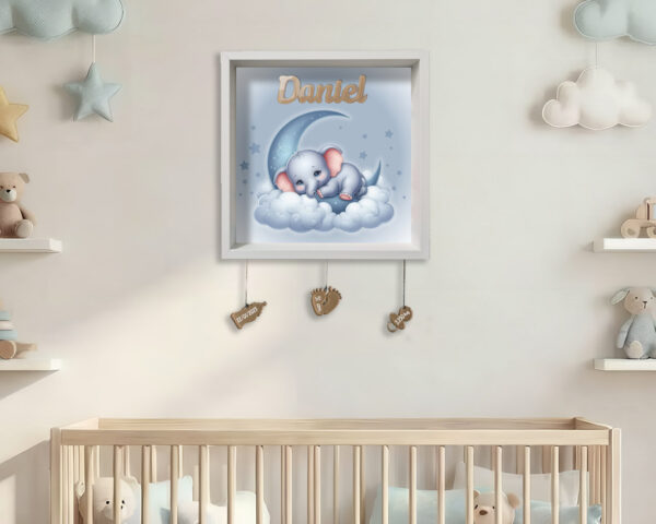 Quadretto nascita personalizzato con nome – ELEFANTINO SU LUNA