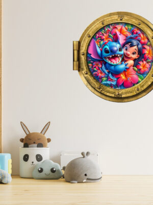 Oblò adesivo a parete effetto finestra - "LILO E STITCH TRA FIORI"