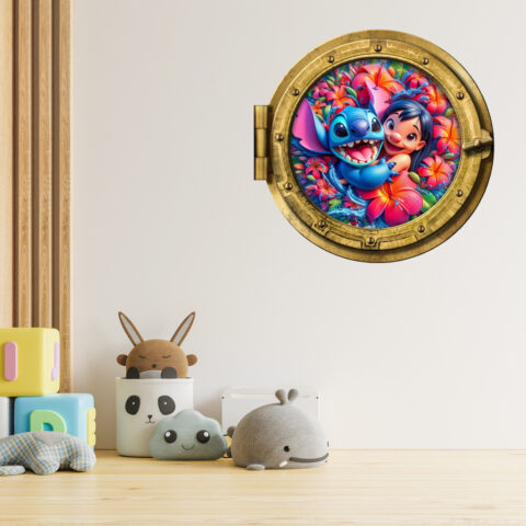 Oblò adesivo a parete effetto finestra - "LILO E STITCH TRA FIORI"