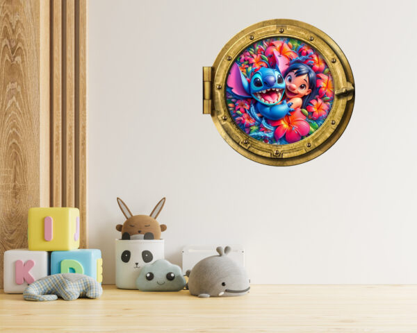 Oblò adesivo a parete effetto finestra - "LILO E STITCH TRA FIORI"