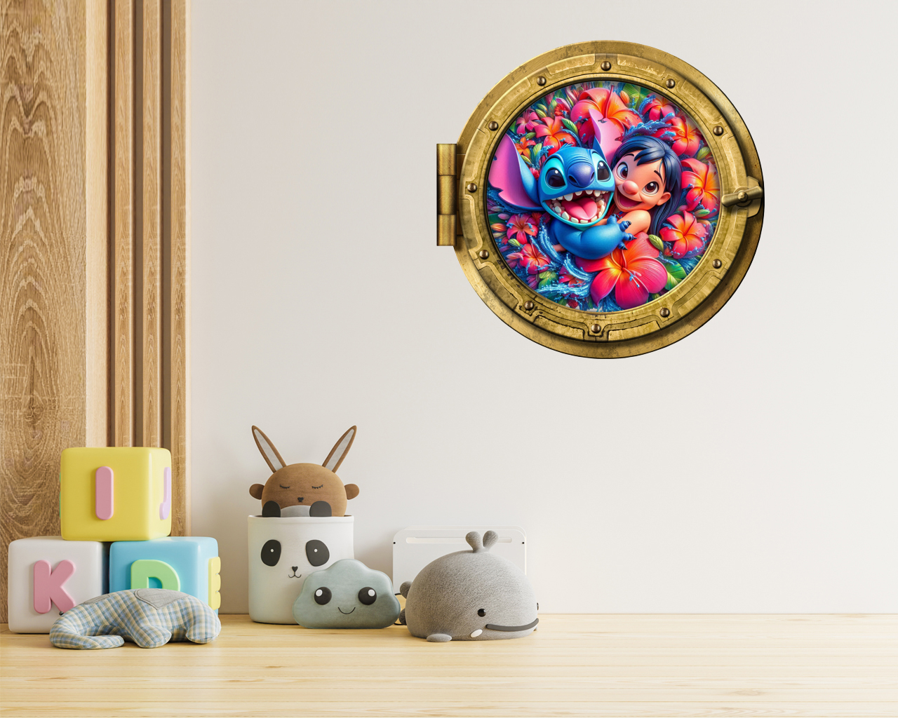 Oblò adesivo a parete effetto finestra – “LILO E STITCH TRA FIORI”