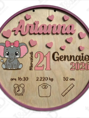 Targa nascita in legno personalizzata con nome-baby elefantino